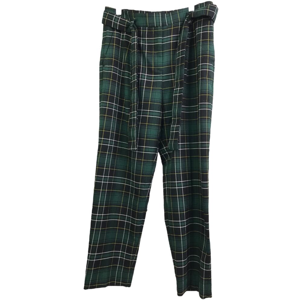 Ann Taylor Pants Womens Sz 4 Green Plaid Straight Leg High Rise tie‎ belt